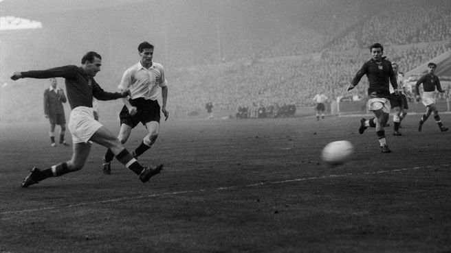 Nandor Hidegkuti scores in the 6-3 win over England at Wembley. He featured as a deep-lying striker in the game