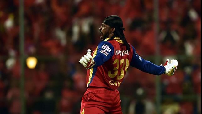 Gayle celebrating his 5th IPL ton in style.