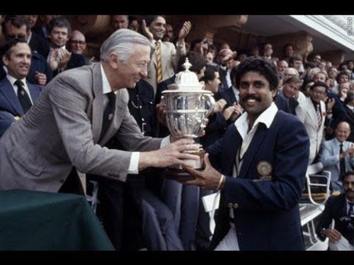 Kapil Dev with the World Cup trophy after India defeated the Windies in 1983