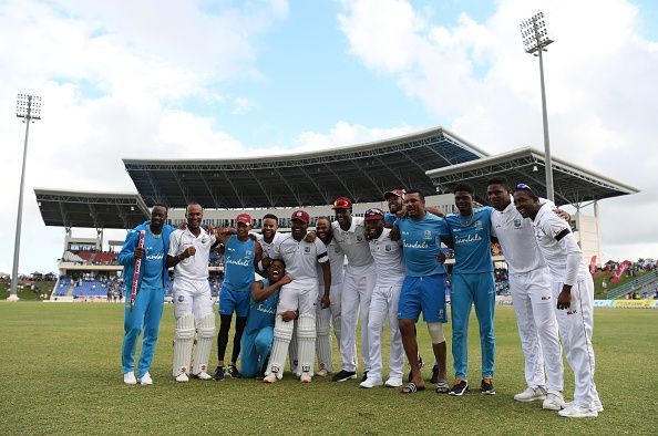 Windies team after the 2nd Test triumph