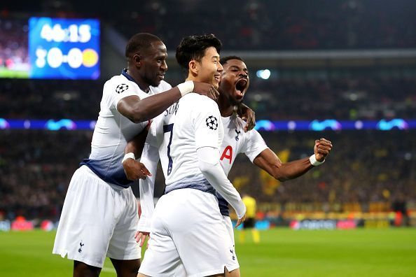 Tottenham players celebrate after Son&#039;s timely opener just minutes into the second-half