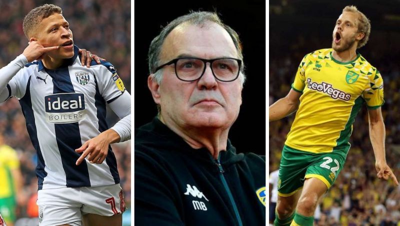 (Left to right): Dwight Gayle (WBA), Marcelo Bielsa (Leeds), Teemu Pukki (Norwich City)