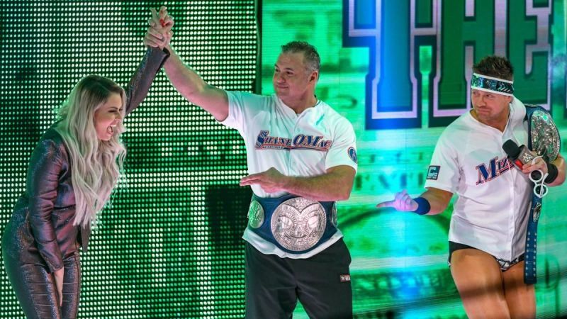 Miz and Shane McMahon making their entrance for the Tag-Team championship match!