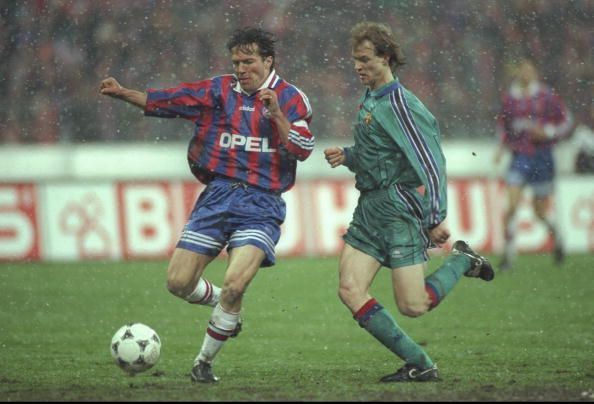 Lothar Matthaus of Bayern Munich and Jordi Cruyff of Barcelona