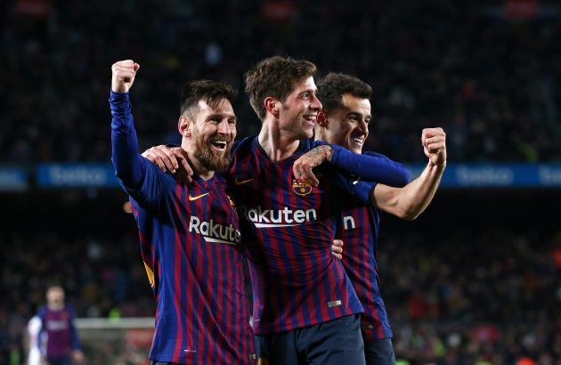 FC Barcelona players celebrate a goal
