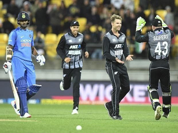 Shikhar Dhawan walking back after being cleaned up in the 1st T20I