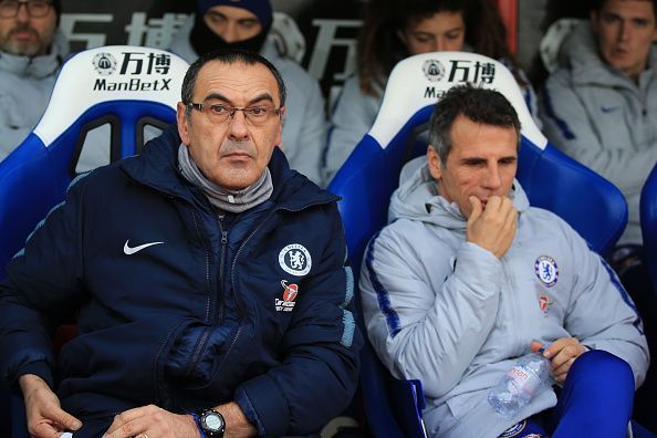 Zola (R) is currently Maurizio Sarri&#039;s assistant at Chelsea