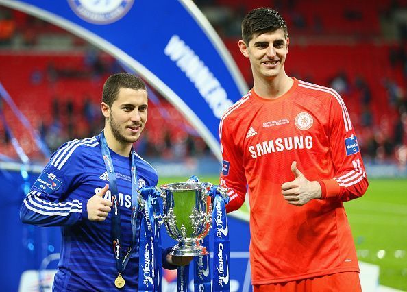 Eden Hazard and Thibaut Courtois during their spell at Chelsea.