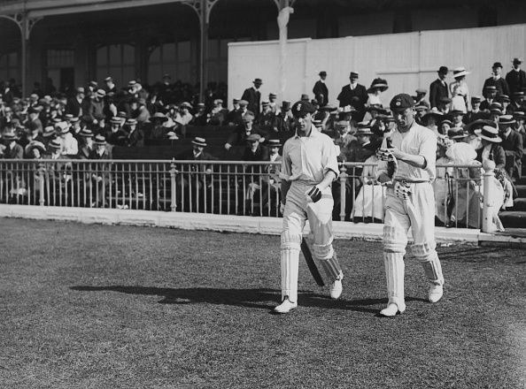 CP Mead(on the right) walks out to bat with Jack Hobbs