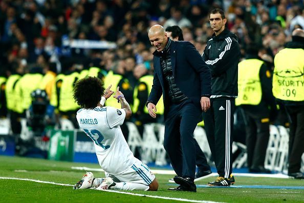 Zidane and Marcelo in a Real Madrid match against Paris Saint-Germain