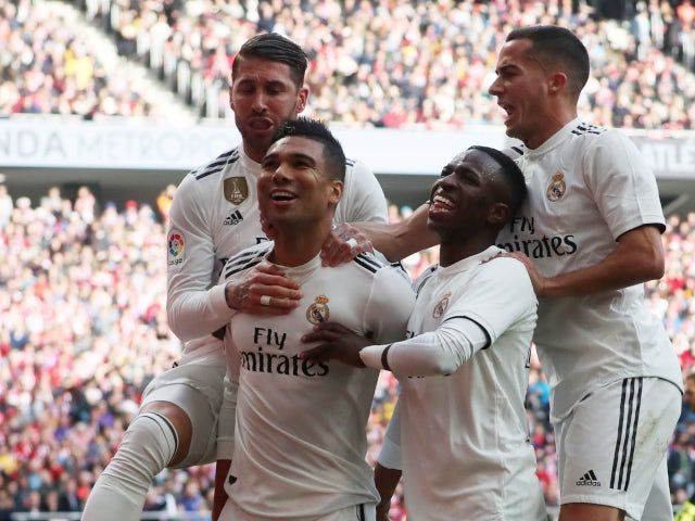 Casemiro celebrates his goal against Atletico Madrid