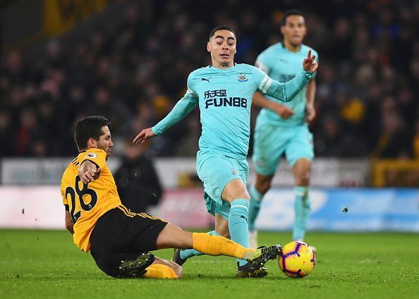 Miguel Almiron in action against Wolves in his Premier League debut for Newcastle United