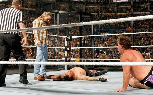 HBK looking at the fallen Undertaker!