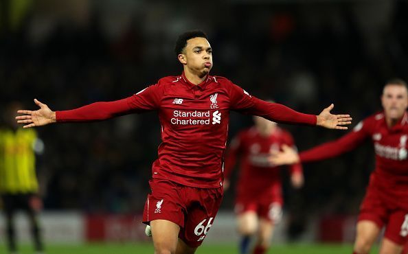 TAA celebrates scoring against Watford in the Premier League this season.