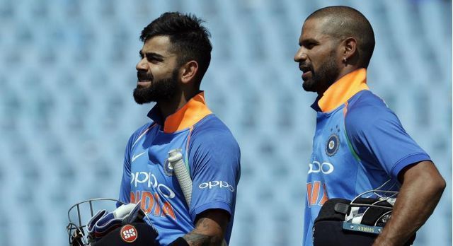 Skipper Virat Kohli and Shikar Dhawan heading back to the pavilion for the lunch break