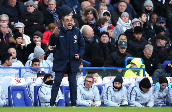 Maurizio Sarri looks on as Chelsea face Huddersfield.