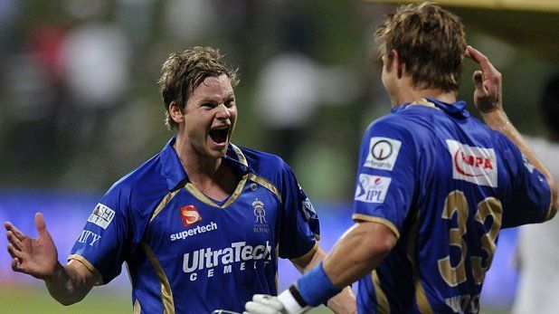 Steve Smith (left) celebrates with Shane Watson of Rajasthan Royals