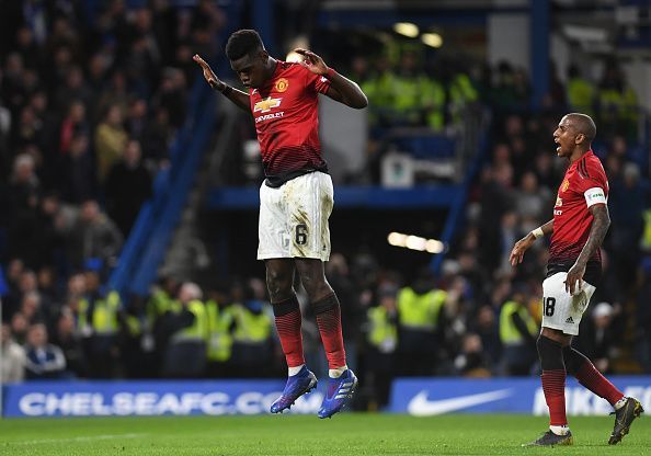 Pogba celebrates his goal to double United&#039;s lead on the stroke of half-time
