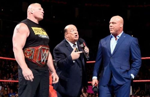 Just look at how Kurt Angle is looking at Brock Lesnar's Universal Championship