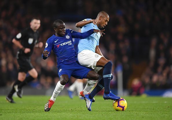 Fernandinho (R) and Kante locked in a tussle last time the two sides met