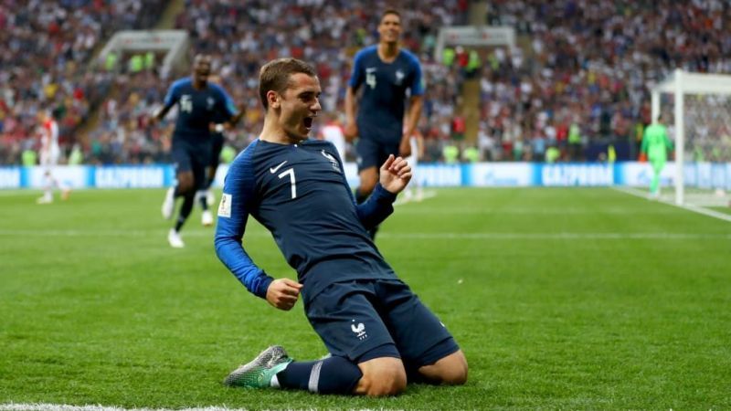 The Frenchman celebrating his goal in Russia 2018