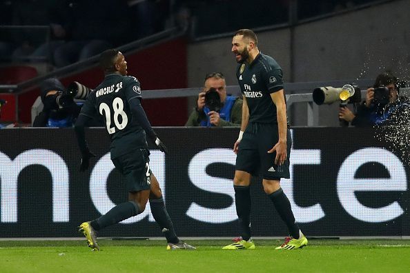 Karim Benzema celebrates his goal against Ajax