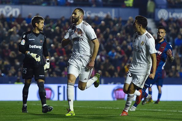 Karim Benzema celebrates after scoring a goal