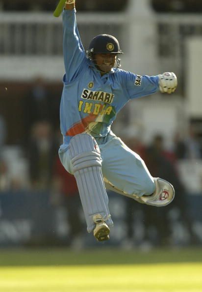 Mohammad Kaif exults after a memorable victory in the Natwest final against England