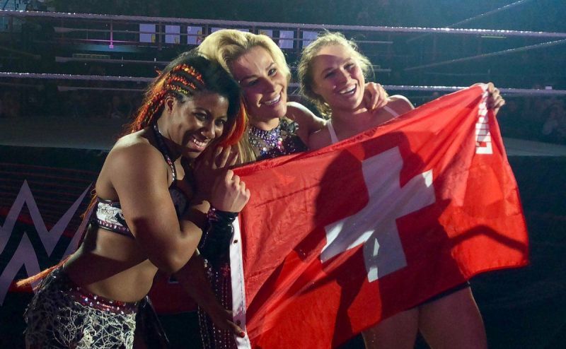 Ember Moon, Natalya and Ronda Rousey after a live event tag match in Switzerland