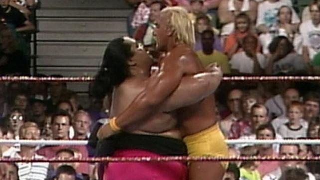 Yokozuna puts Hulk Hogan in a bear hug