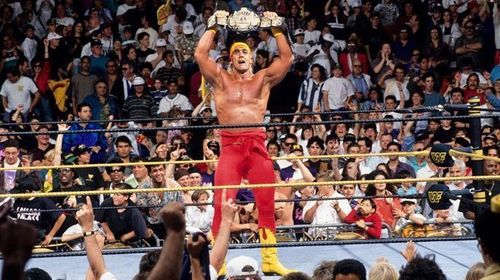 Hulk Hogan hefts the WWE Title over his head. Guess how long it took the Hulkster to win it?