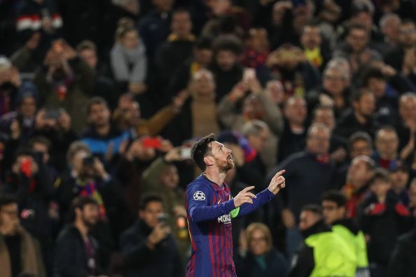 Lionel Messi after scoring against Lyon