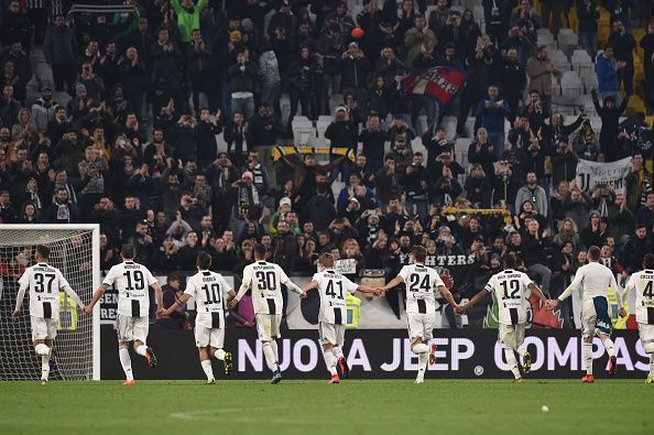 Juventus celebrating their victory against Udinese in the Seria A