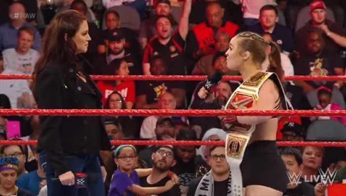 Ronda Rousey in a heated argument with Stephanie McMahon on Raw