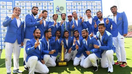 Afghanistan Cricket team celebrating their maiden test win, against Ireland.