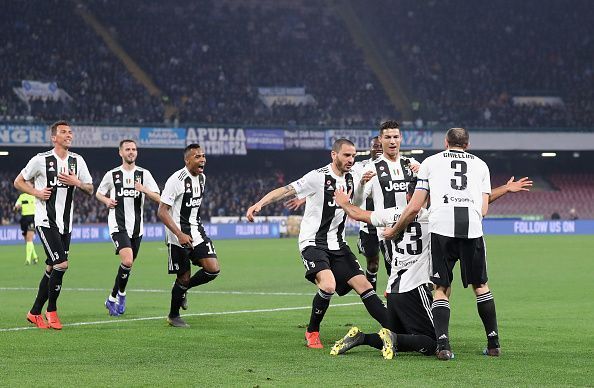 Juventus players celebrate after the second goal