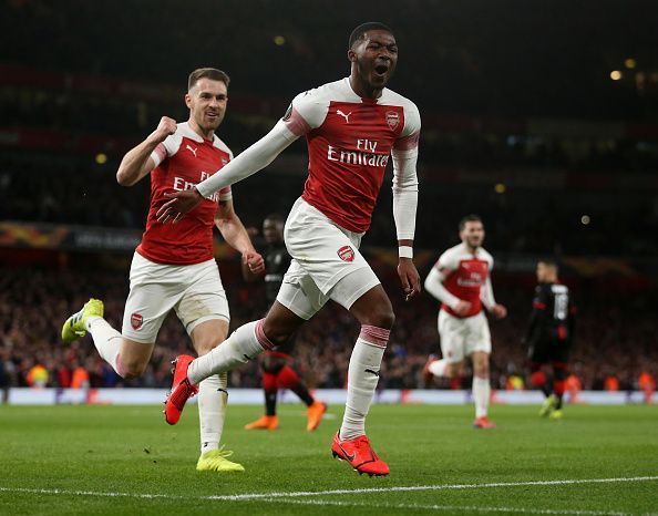 Maitland-Niles wheels away to celebrate his first European goal