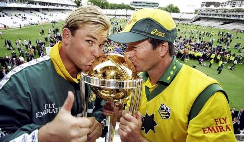Shane Warne and Steve Waugh after the 1999 World Cup win