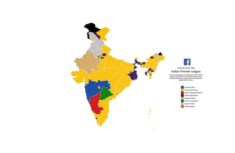 IPL 2015 fandom map released by Facebook M S Dhoni, during the practice session at Chepauk last Sunday.