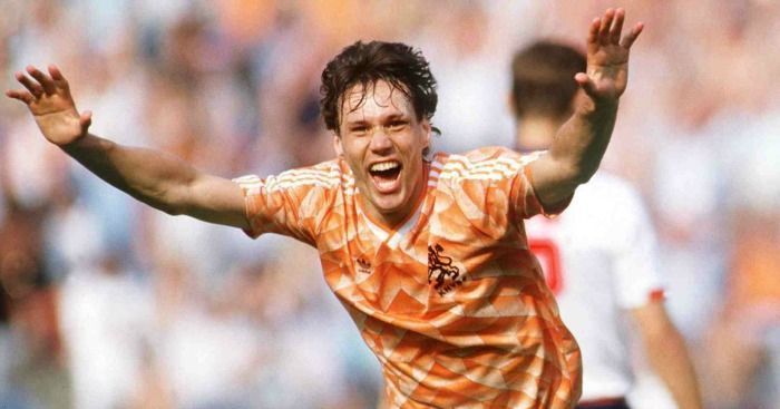 Marco van Basten celebrates after scoring a goal for his country