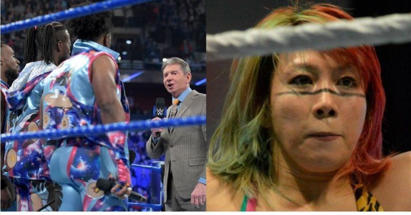 Vince McMahon with The New Day, and Asuka