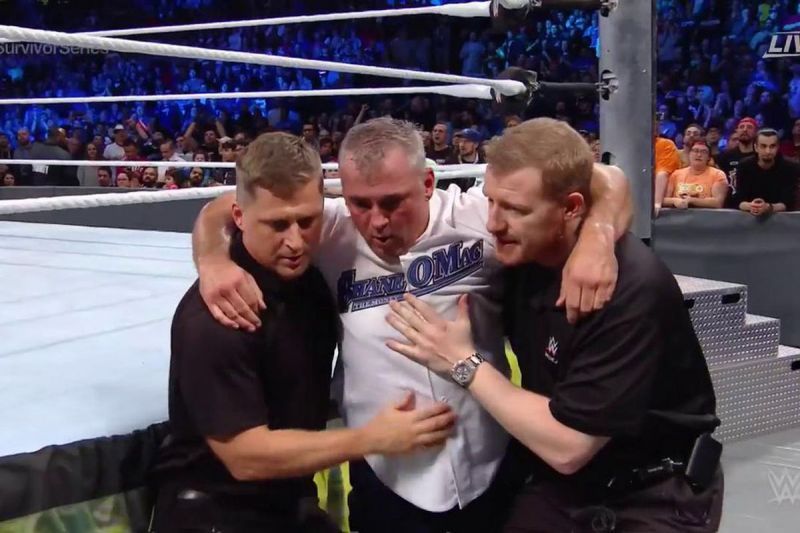 Shane McMahon being helped to the backstage area following a crazy bump at the Survivor Series (2018).