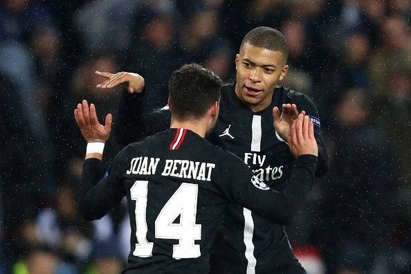 Bernat celebrates his equaliser with Mbappe, on an evening where the Spaniard didn&#039;t deserve to lose