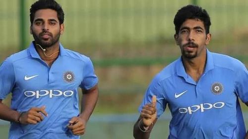 Bhuvneshwar Kumar (L) and Jasprit Bumrah