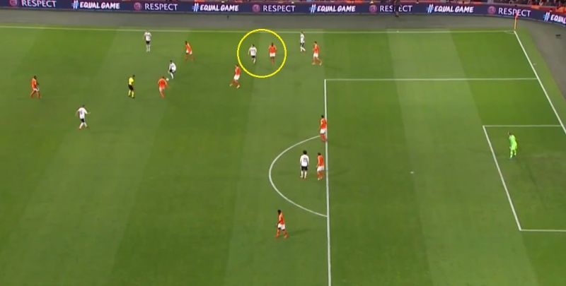 Dumfries (circled yellow) had marked Schulz seconds before the latter made his run.