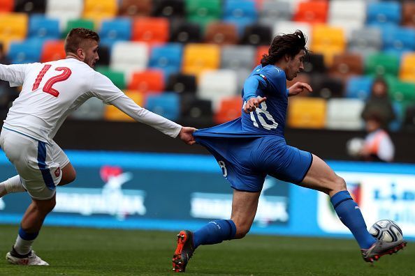 Sandro Tonali representing Italy at the U19 European Championships in 2018