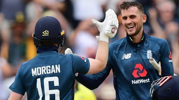 Alex Hales and Eoin Morgan during the World record breaking 481 against Australia