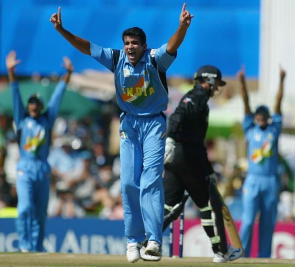 Zaheer Khan of India appeals successfully for the wicket of Nathan Astle of New Zealand