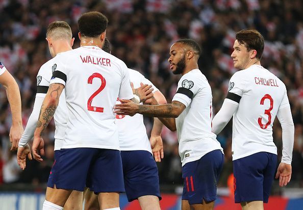 Sterling and co celebrate one of England&#039;s five goals vs. Czech Republic in their EURO 2020 Qualifier