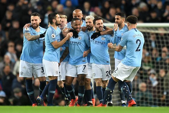 Manchester City players celebrate one of Sterling&#039;s strikes in an action-packed second-half